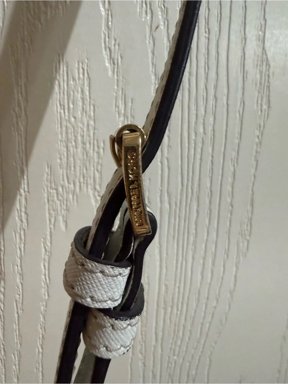 Michael Kors Brown Navy White Leather Satchel with Gold MK Accent